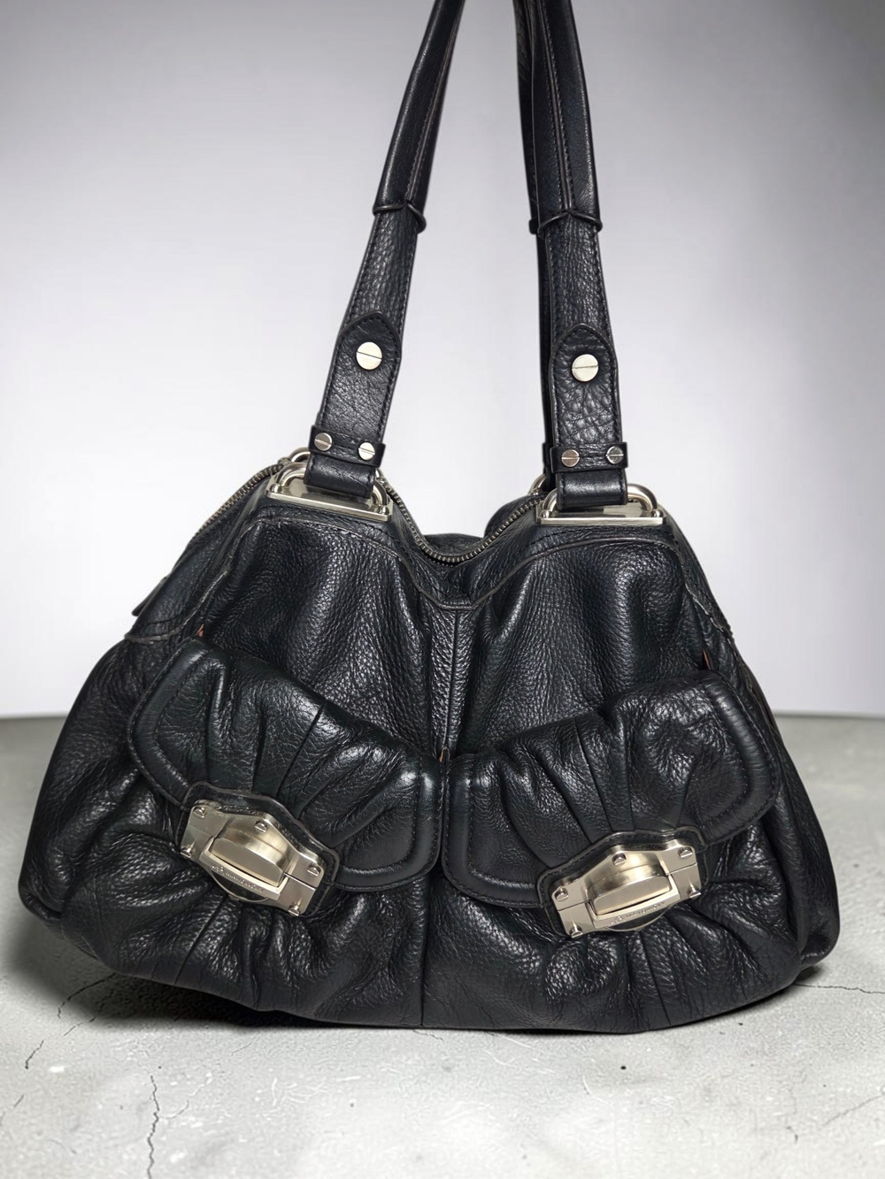 b. makowsky Black Pebbled Leather Shoulder Bag with Silver Hardware